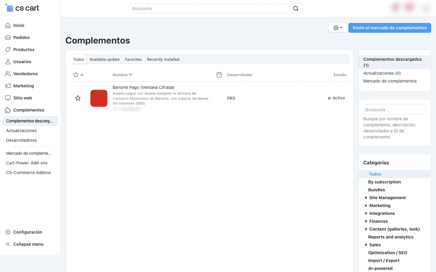The Banorte add-on listed as Active in the CS-Cart admin panel