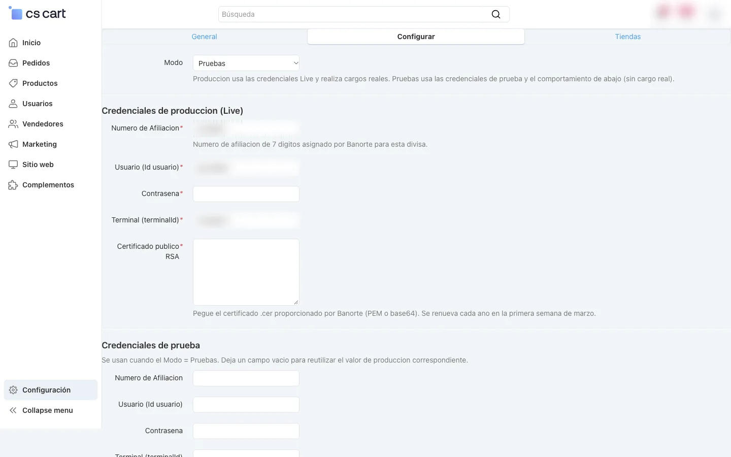 Mode and credential fields on the add-on's Configure tab, with values blurred