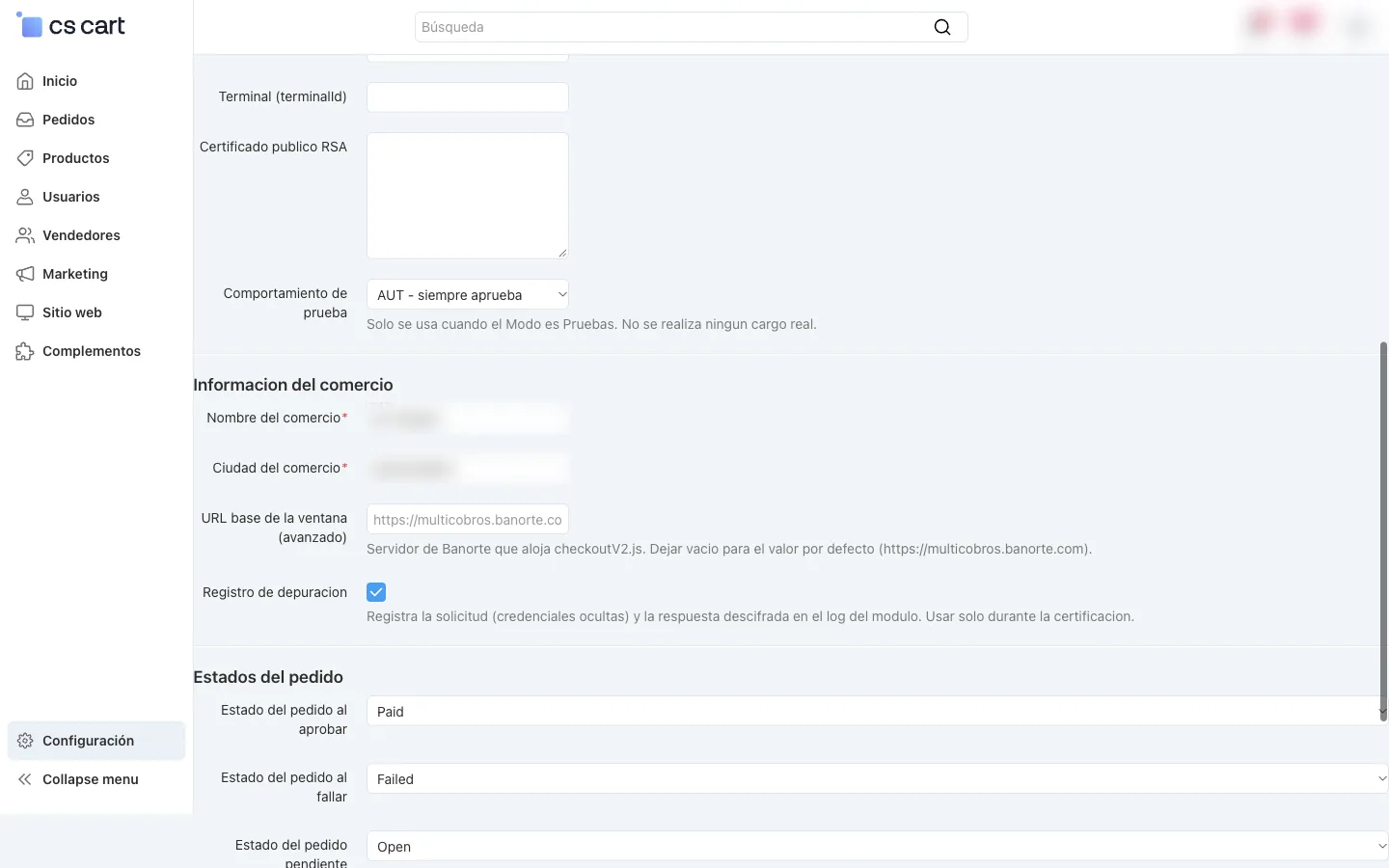 Test behaviour, merchant information and order status fields
