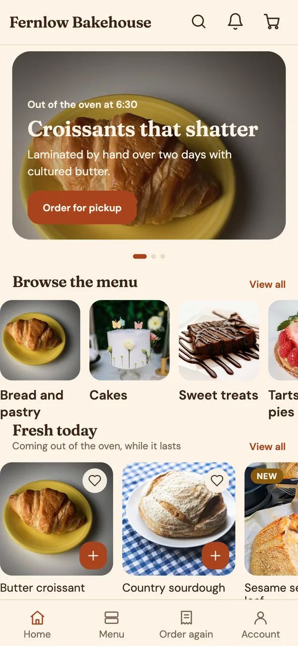 Bakery app home screen built on the Bakehouse template