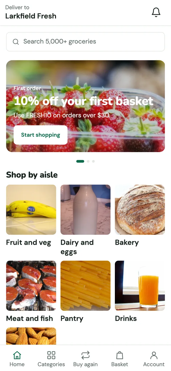 Grocery app home screen built on the Fresh Basket template