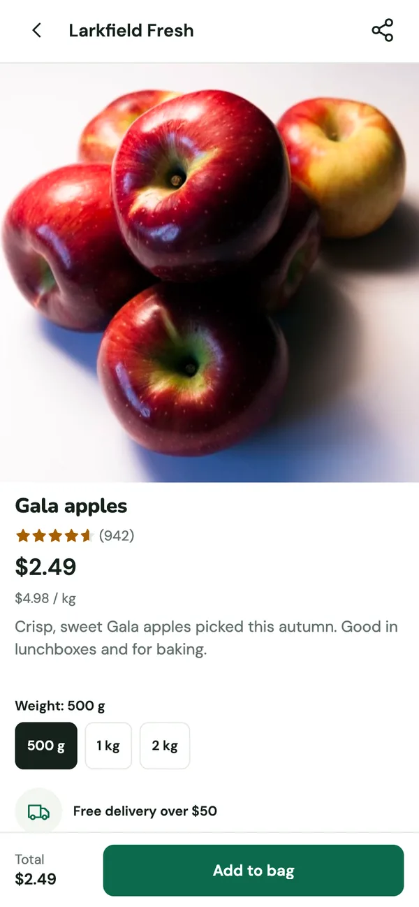 Grocery app product screen with weight options and Add to bag