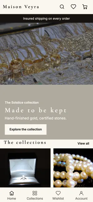 Jewellery and luxury app home screen