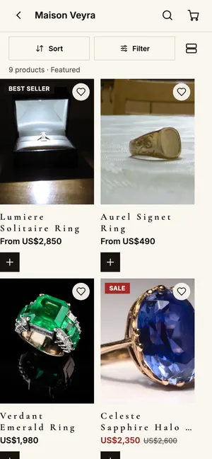 Jewellery and luxury app collection or product screen