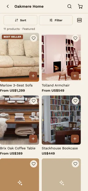 Home and furniture app collection or product screen