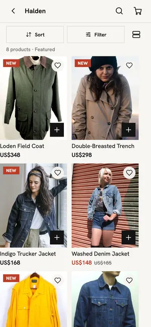 Fashion and apparel app collection or product screen