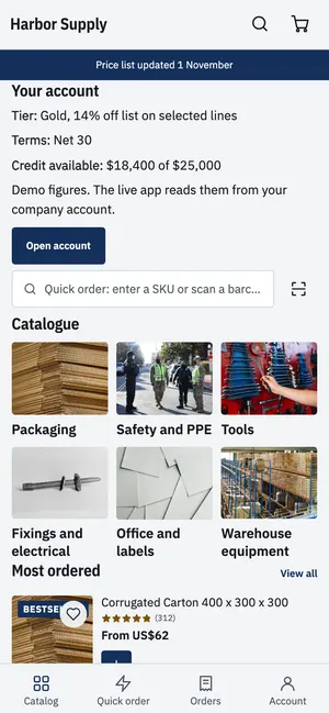 B2B and wholesale app home screen