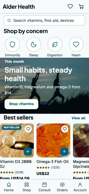 Health, pharmacy and wellness app home screen